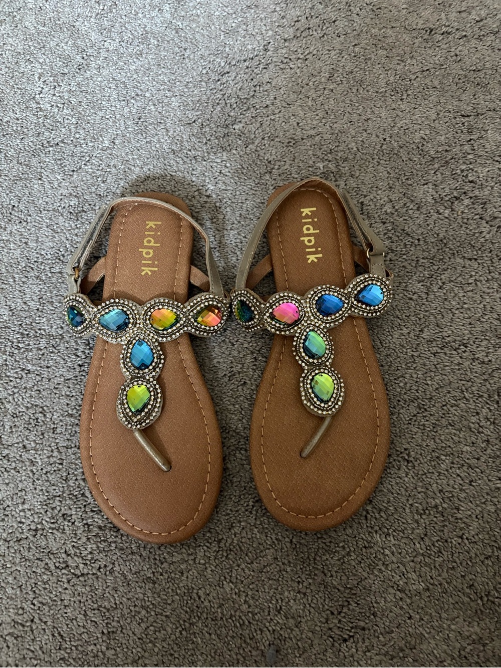 kidpik Brown T-Strap Sandals with Multicolor Jewel Accents
